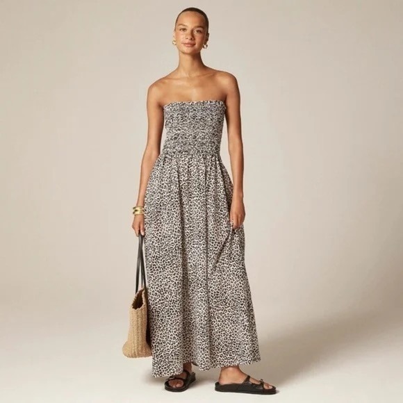 J. Crew Dresses & Skirts - NWT!! J. CREW Smocked Maxi Dress Leopard Print Animal Ruffled Cotton Voile Small